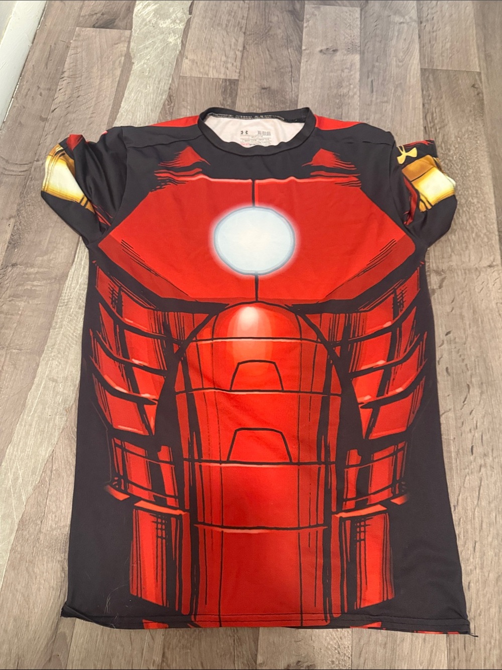 Under Armour Red and Black Superhero Costume Top with Gold Accents